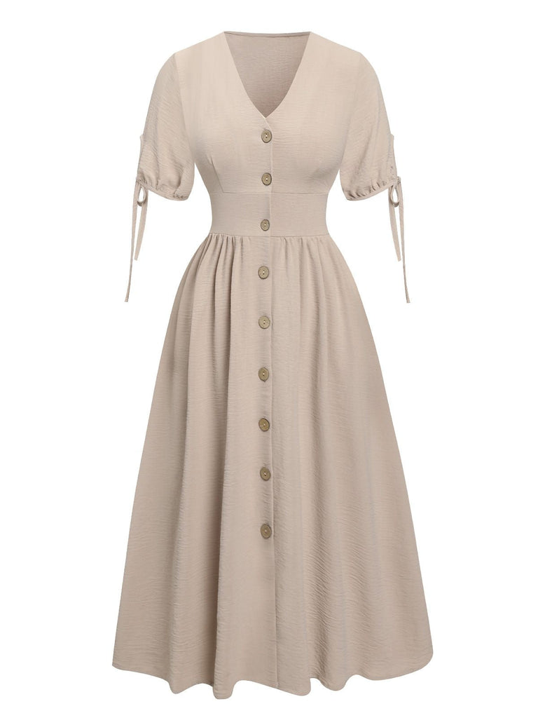 Beige 1940er Solide V-Ausschnitt Knöpfen Kleid