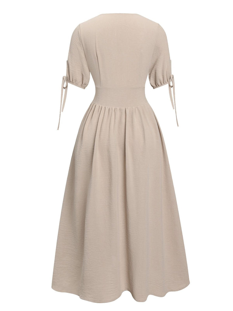 Beige 1940er Solide V-Ausschnitt Knöpfen Kleid