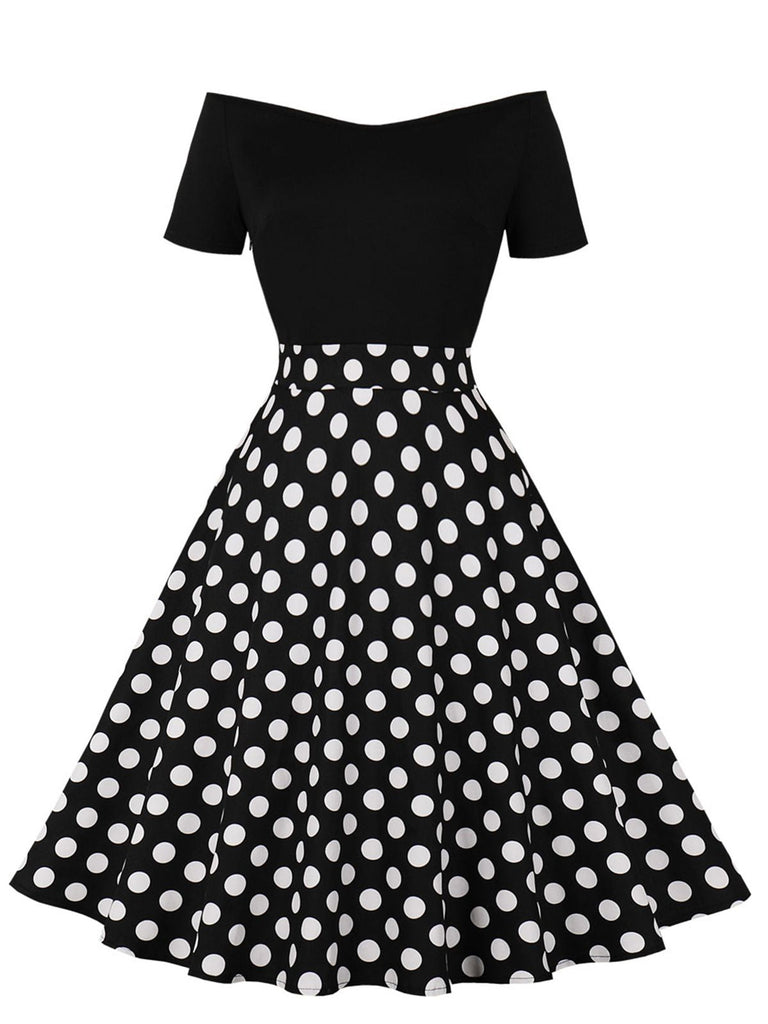 1950er Polka Dots Patchwork Kurze Ärmel Kleid