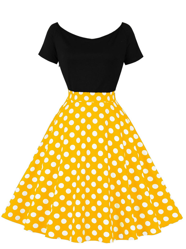 1950er Polka Dots Patchwork Kurze Ärmel Kleid