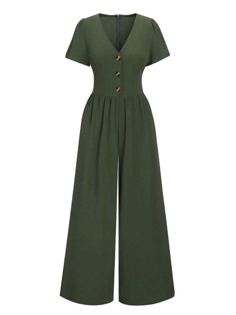 Grün 1940er V-Ausschnitt Solide Jumpsuit