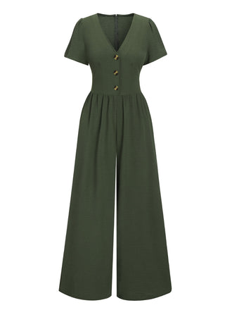 Grün 1940er V-Ausschnitt Solide Jumpsuit