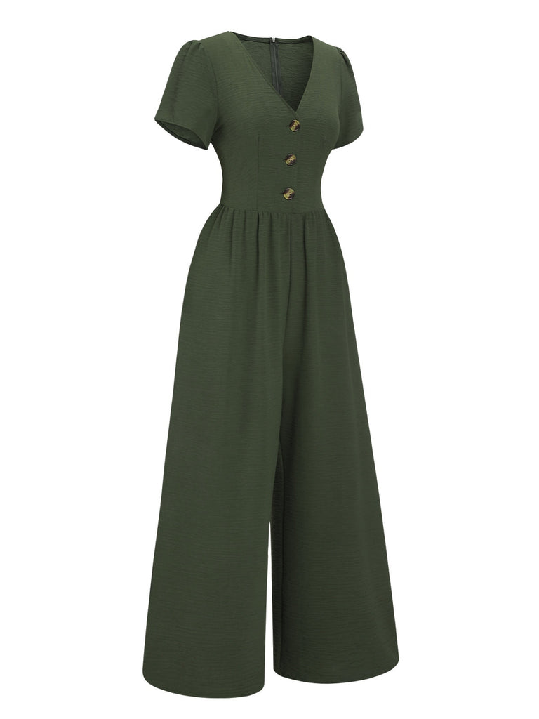 Grün 1940er V-Ausschnitt Solide Jumpsuit