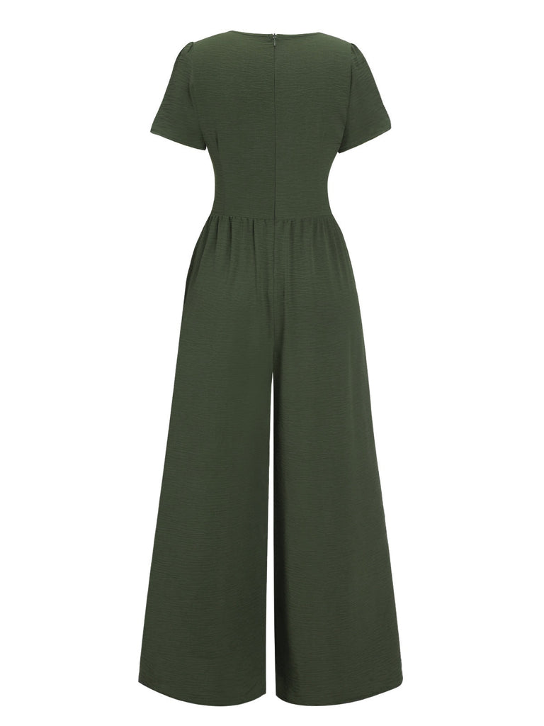 Grün 1940er V-Ausschnitt Solide Jumpsuit