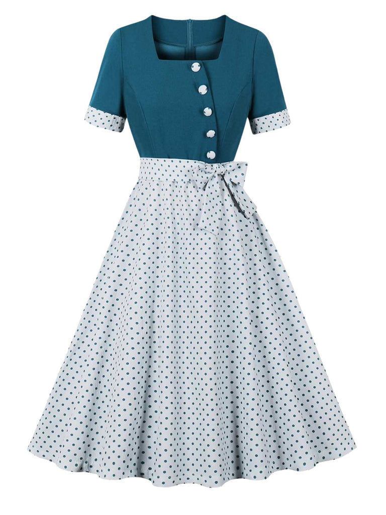 1950er Quadratischer Hals Polka Dots Bogen Kleid