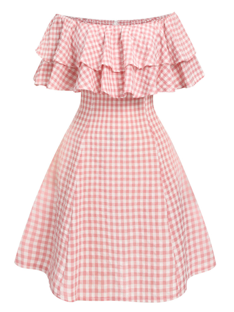 Rosa 1950er Plaid Off-Schulter Kleid