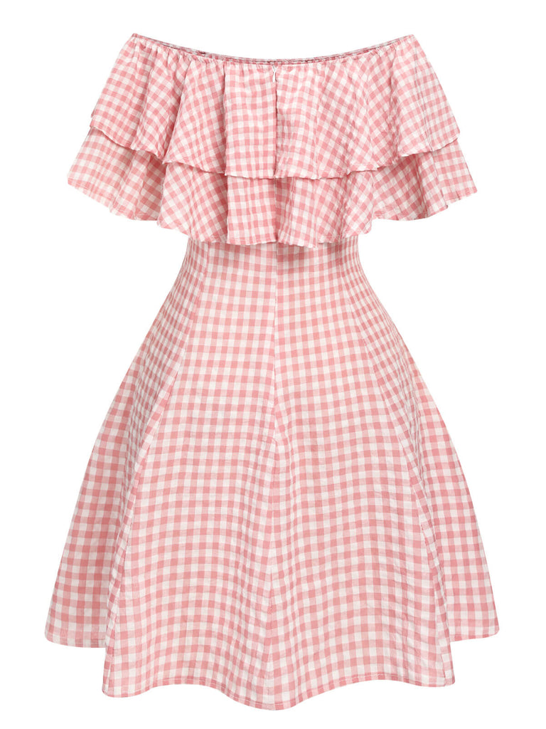 Rosa 1950er Plaid Off-Schulter Kleid