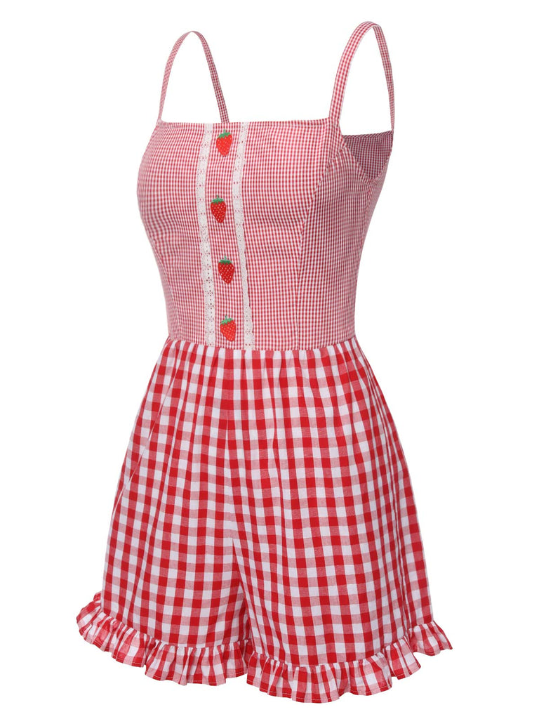 Rot 1950er Erdbeere Plaid Spaghetti Träger Romper