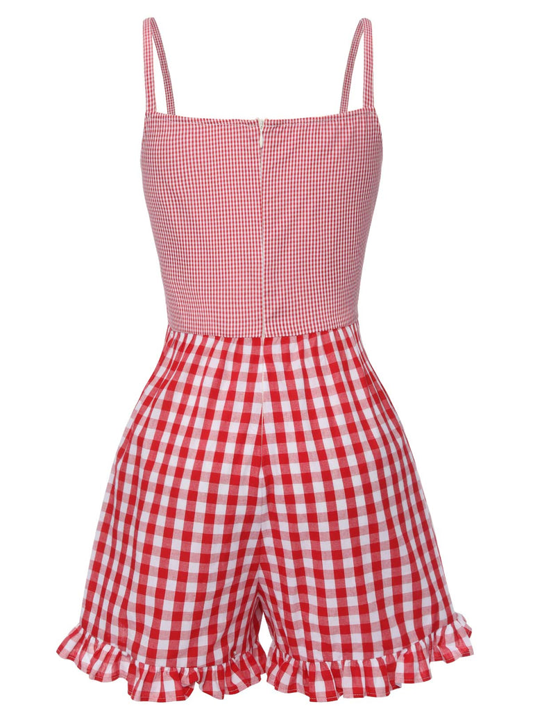 Rot 1950er Erdbeere Plaid Spaghetti Träger Romper