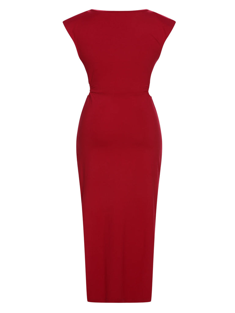 Rot 1960er Solide Cutout Verdrehtem Schlitz Kleid