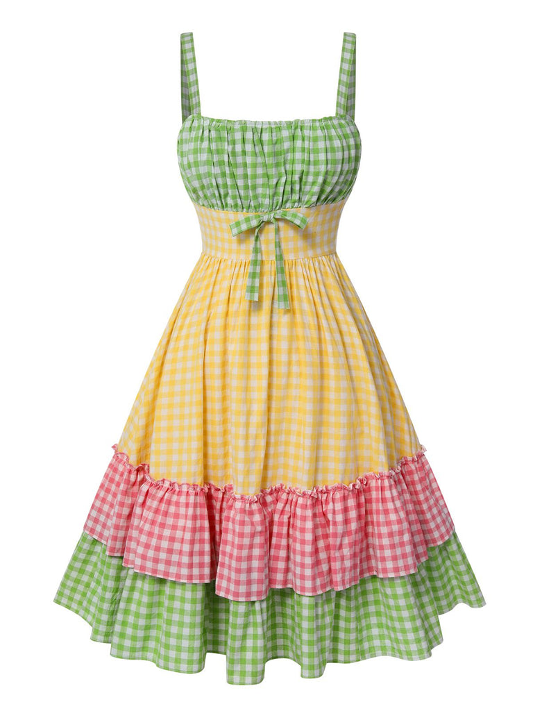 Multicolor 1950er Breit-Träger Plaid Patchwork Kleid