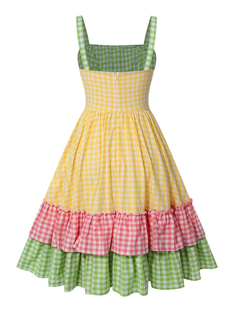 Multicolor 1950er Breit-Träger Plaid Patchwork Kleid