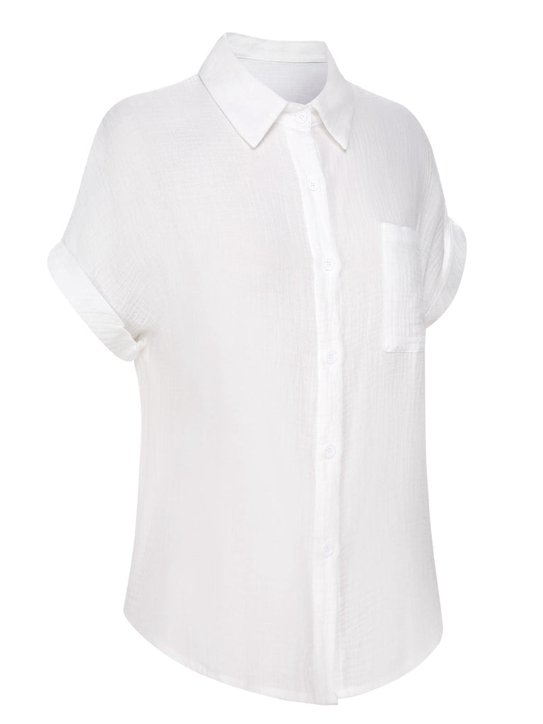 1950er Solide Revers Button-Down Bluse