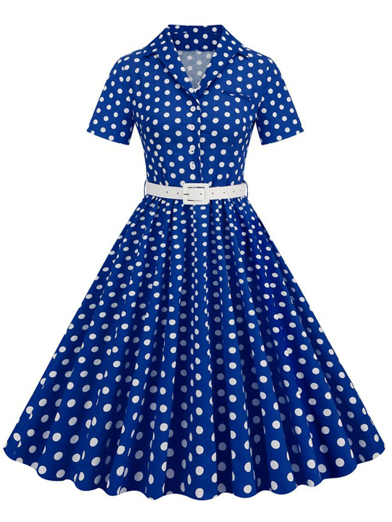 1950er Polka Dots Revers Swing Kleid mit Gürtel