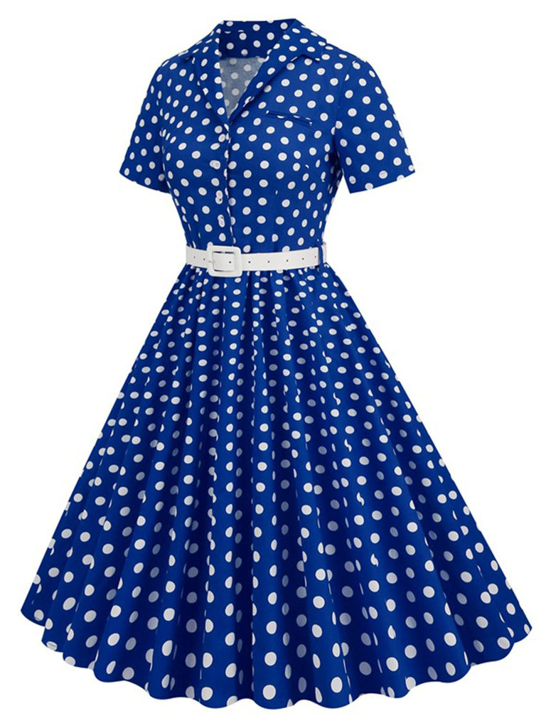 1950er Polka Dots Revers Swing Kleid mit Gürtel