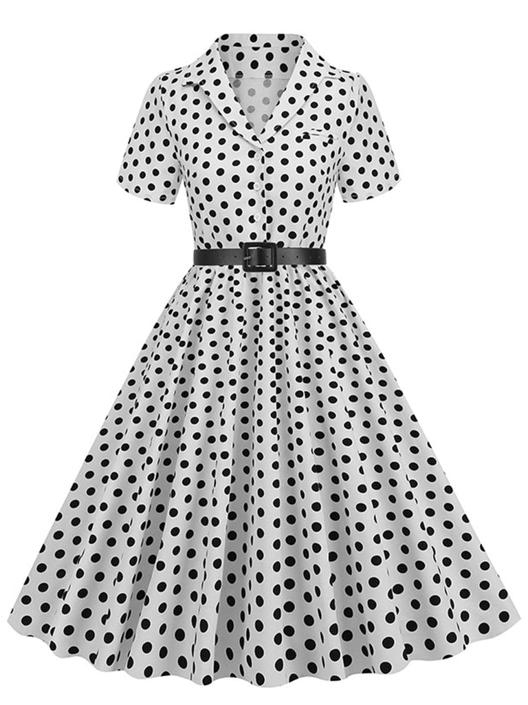 1950er Polka Dots Revers Swing Kleid mit Gürtel