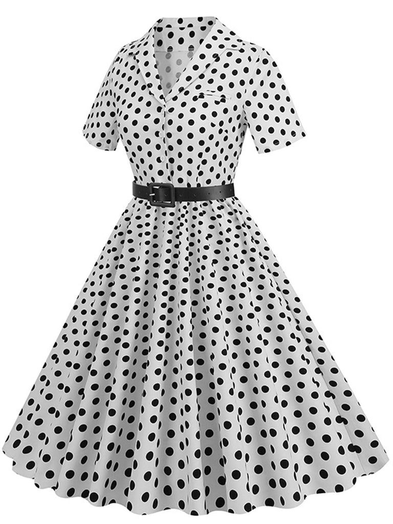 1950er Polka Dots Revers Swing Kleid mit Gürtel