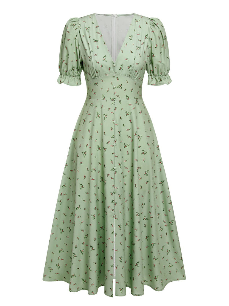 Grün 1940er V-Ausschnitt Blumen Laternenärmels Kleid
