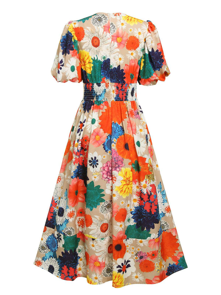 1940er Blumen V-Ausschnitt Laternenhülle Kleid