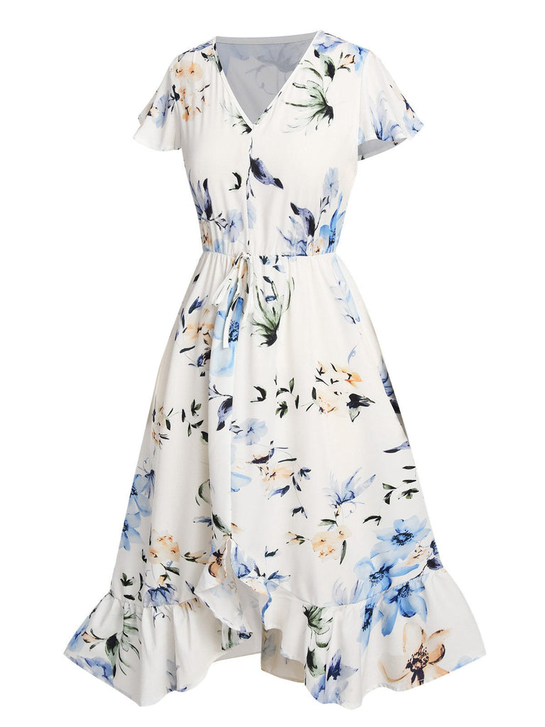 Blau 1940er Blumen V-Ausschnitt Flügelärmel Kleid