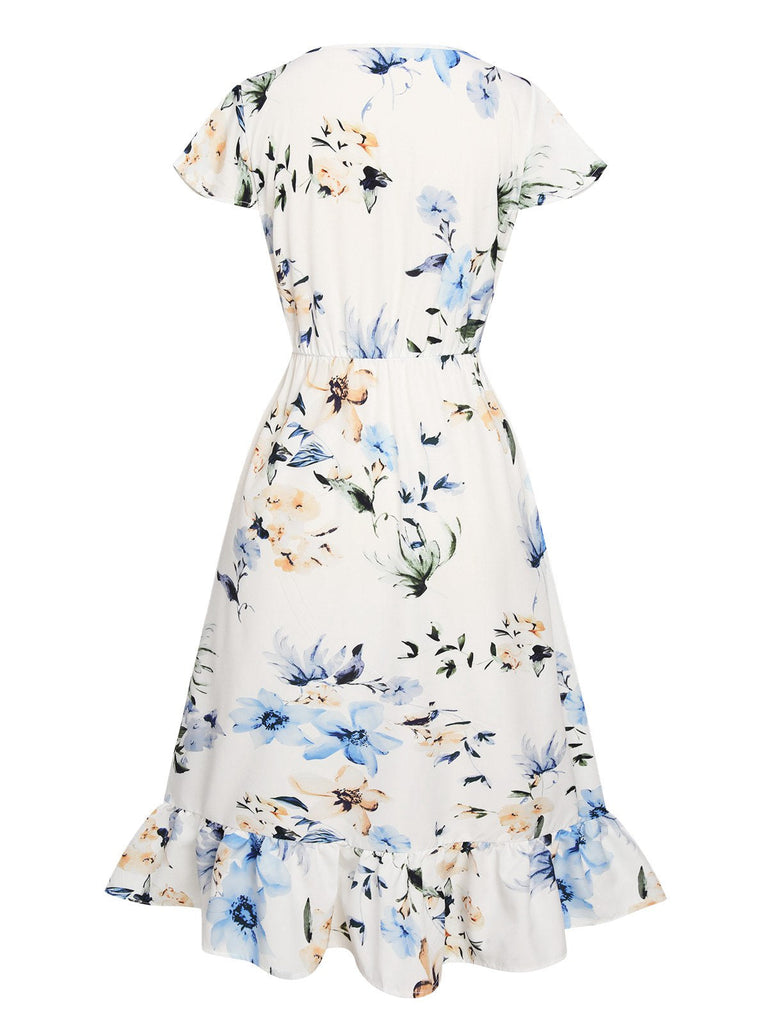 Blau 1940er Blumen V-Ausschnitt Flügelärmel Kleid