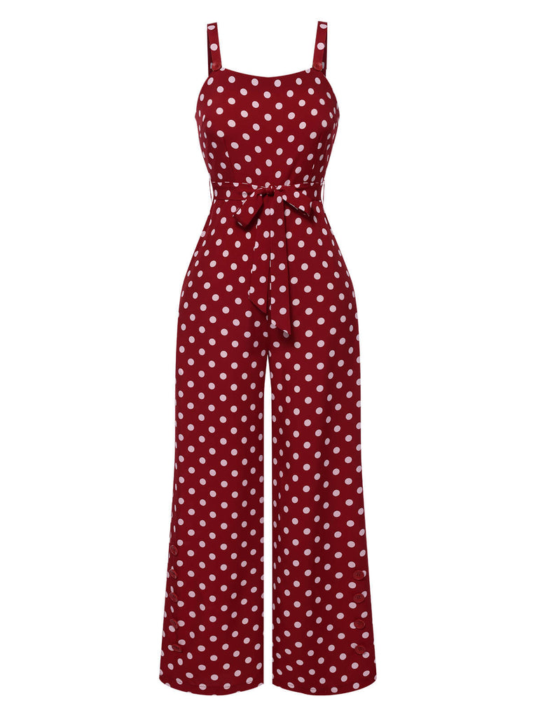 Tiefrot 1940er Polka Dots Träger Jumpsuit