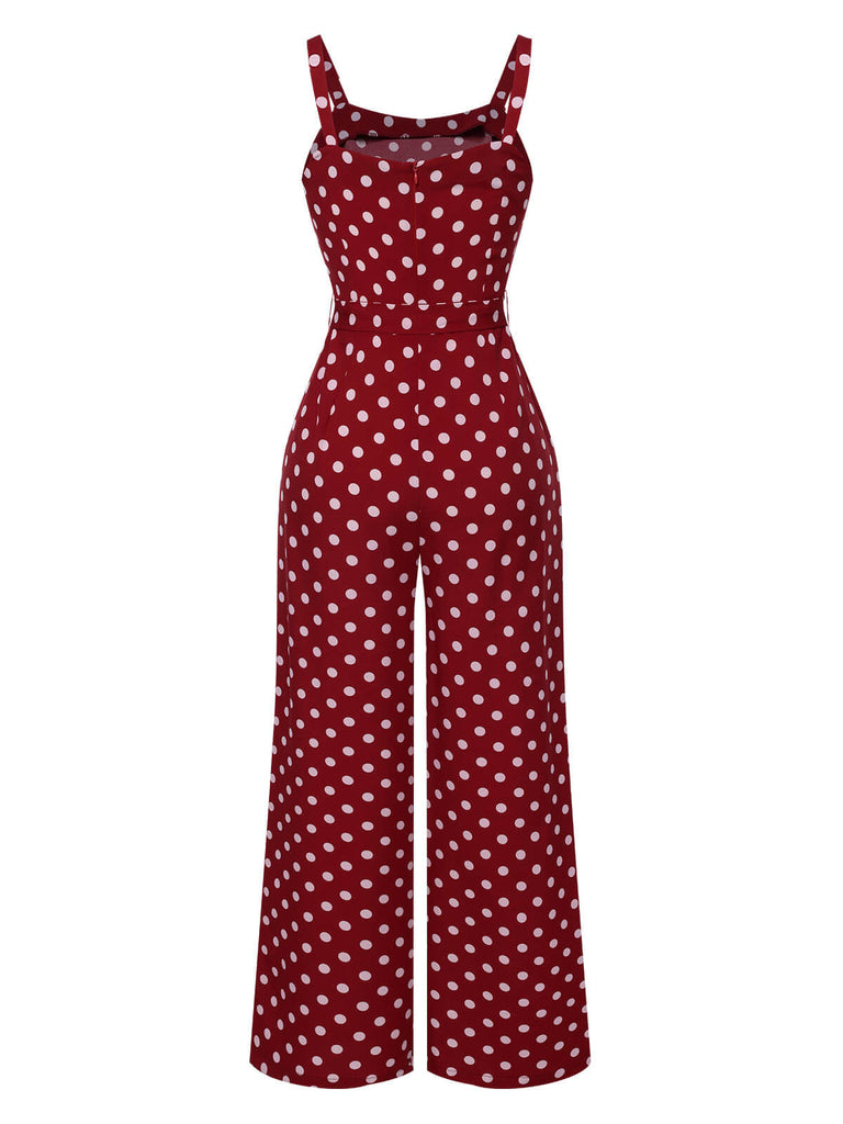 Tiefrot 1940er Polka Dots Träger Jumpsuit