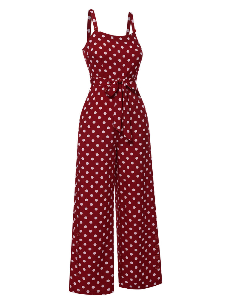 Tiefrot 1940er Polka Dots Träger Jumpsuit