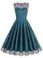 Blau 1950er Blumen Masche Swing Kleid