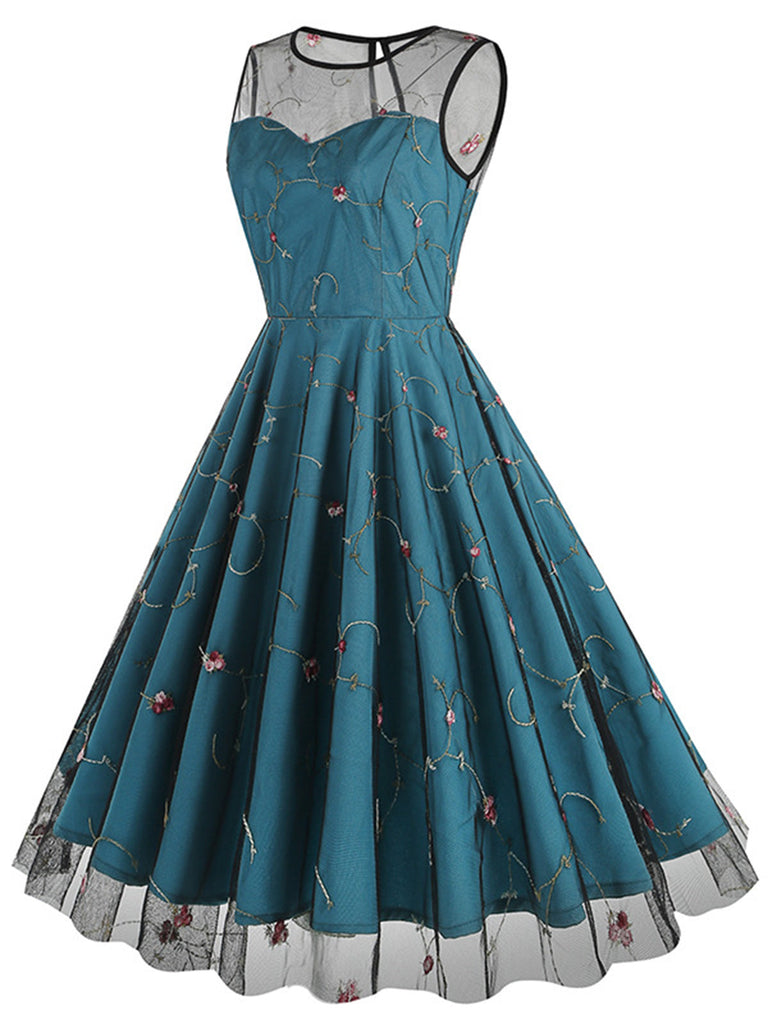 Blau 1950er Blumen Masche Swing Kleid