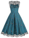 Blau 1950er Blumen Masche Swing Kleid