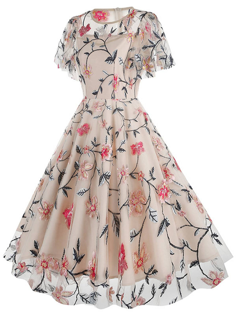 1950er Blumen Besticktes Masche Swing Kleid