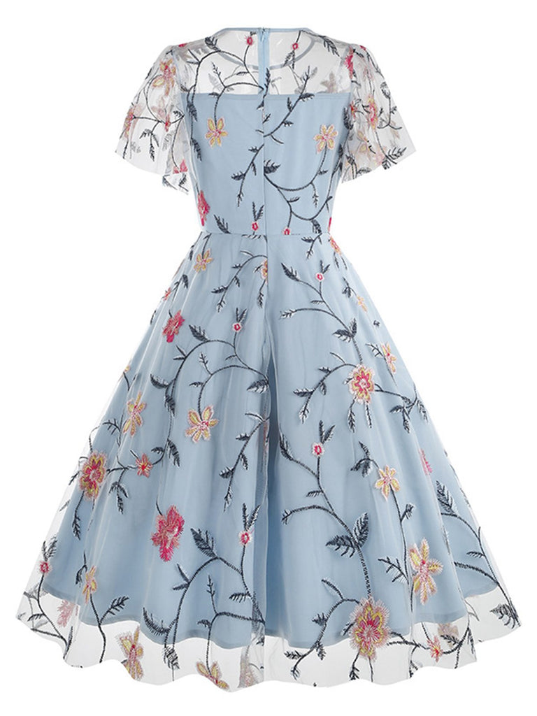 1950er Blumen Besticktes Masche Swing Kleid