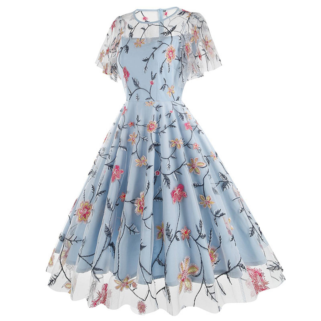 1950er Blumen Besticktes Masche Swing Kleid