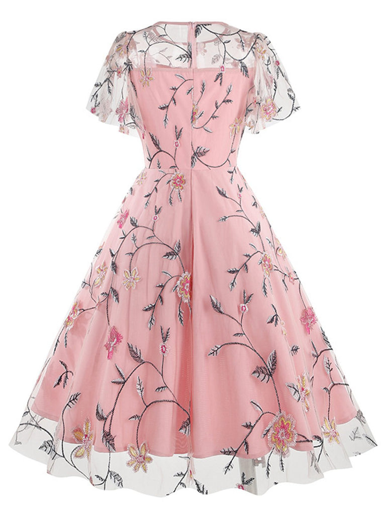 1950er Blumen Besticktes Masche Swing Kleid