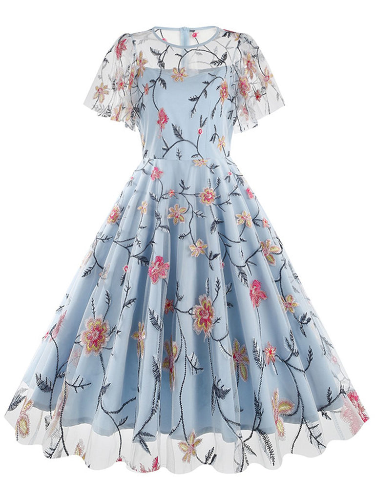 1950er Blumen Besticktes Masche Swing Kleid