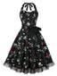 Schwarz 1950er Halter Blumen Spitzensaum Kleid