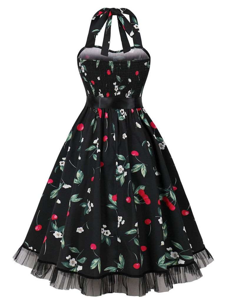 Schwarz 1950er Halter Blumen Spitzensaum Kleid