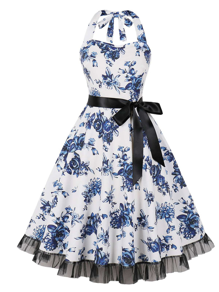 Schwarz Blumen 1950er Halter Blumen Spitzensaum Kleid