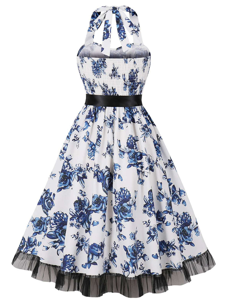 Blau Blumen 1950er Halter Blumen Spitzensaum Kleid