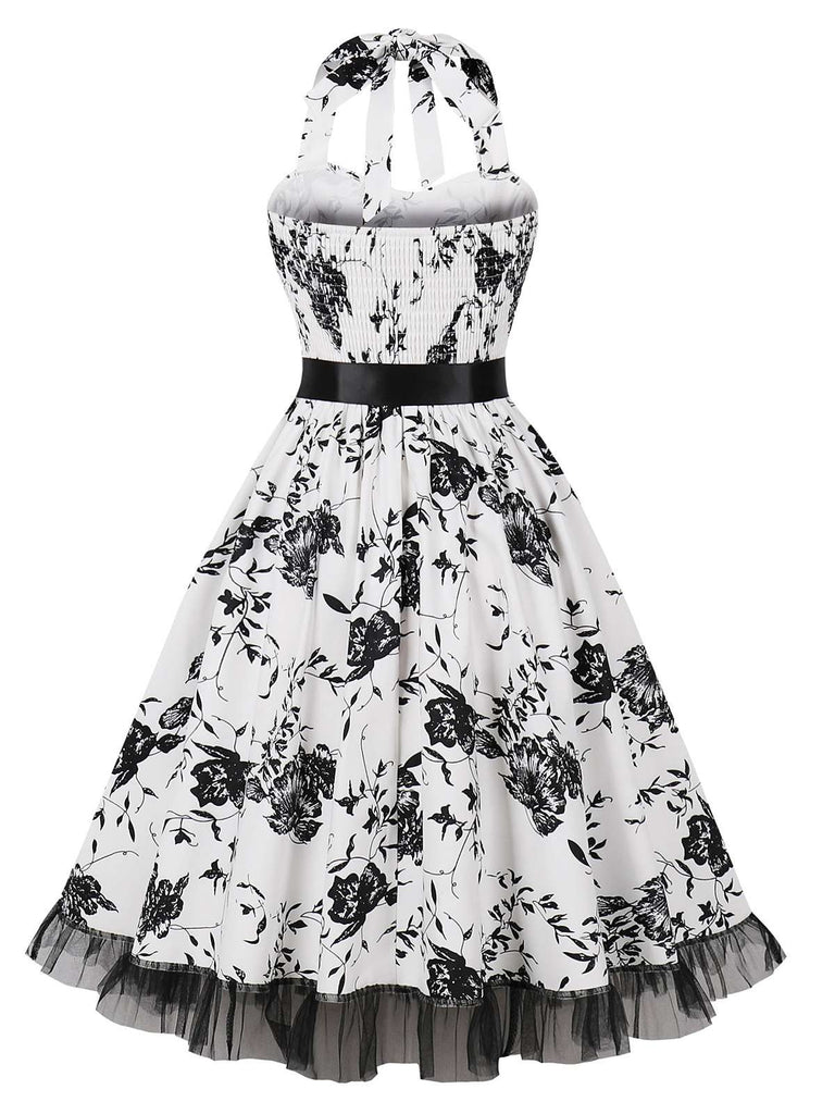 Schwarz Blumen 1950er Halter Blumen Spitzensaum Kleid