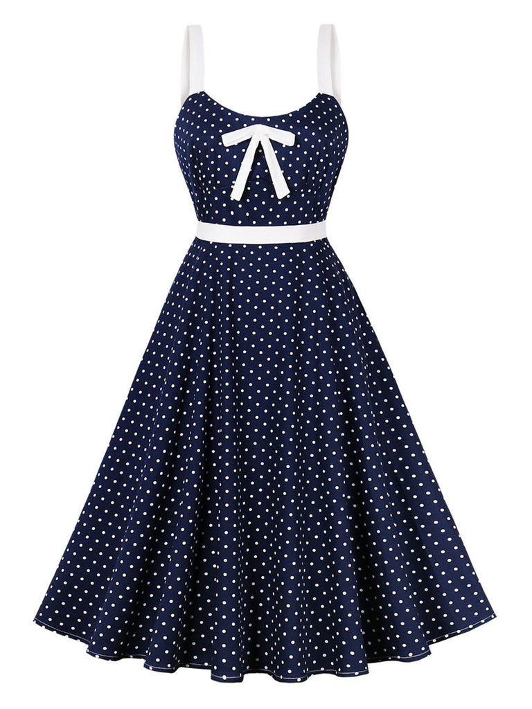 Blau 1940er Träger Polka Dots Bogen Kleid mit Gürtel