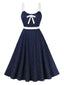 Blau 1940er Träger Polka Dots Bogen Kleid mit Gürtel