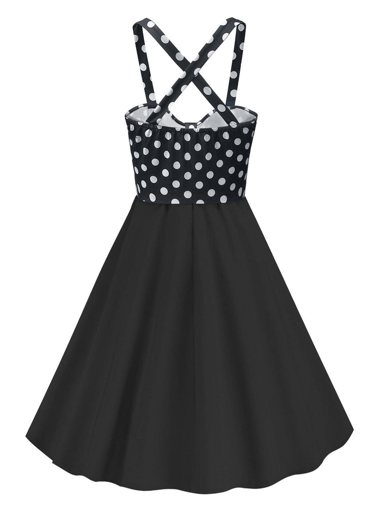 Schwarz 1950er Polka Dots Patchwork Kleid