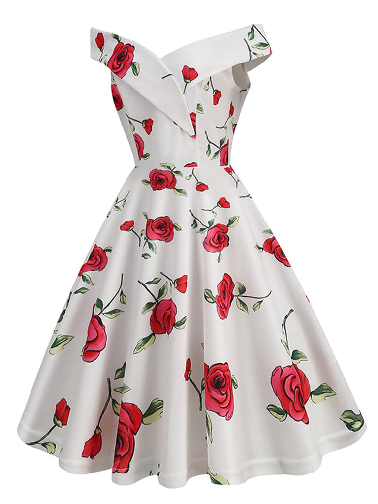 Weiß 1950er Rosen Schulterfrei Kleid