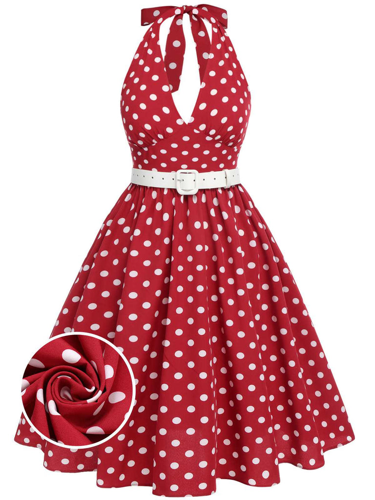 [Übergröße] Rot 1950er Polka Dot Halter Kleid