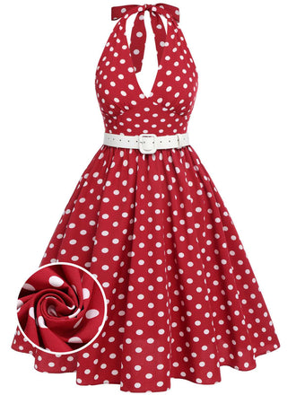 [Große Größen] Rot 1950er Polka Dot Halter Kleid