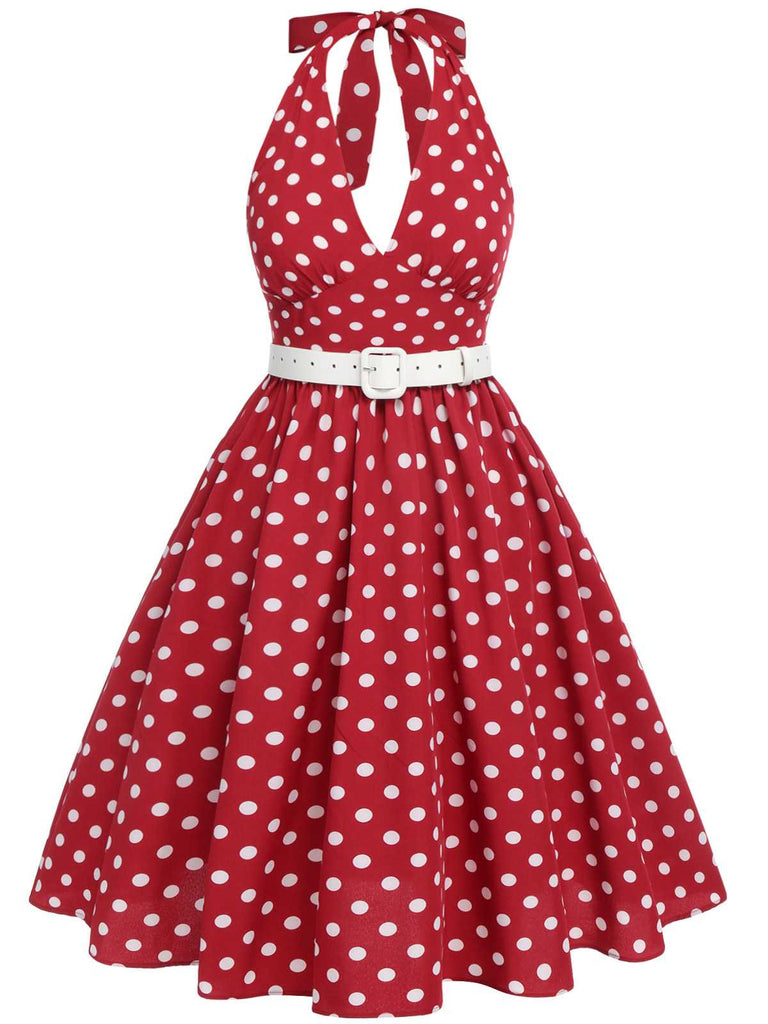 [Übergröße] Rot 1950er Polka Dot Halter Kleid