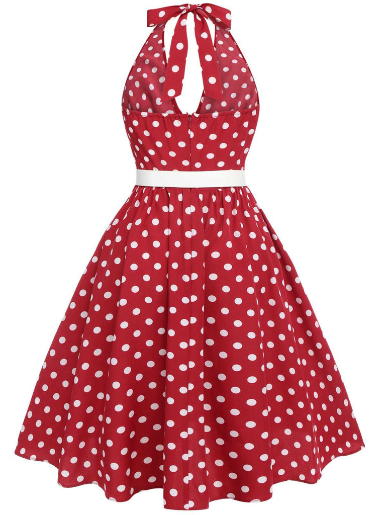 [Übergröße] Rot 1950er Polka Dot Halter Kleid