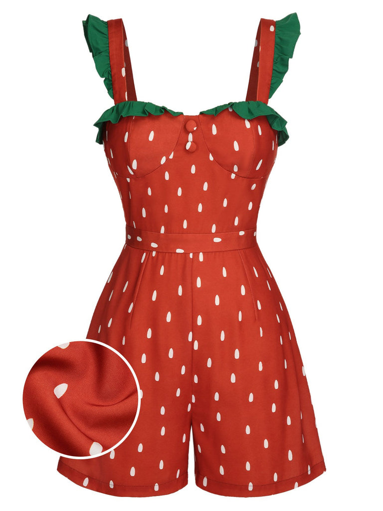 Rot 1950er Erdbeere Polka Dots Gurt Romper